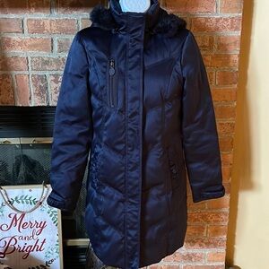 Tahari Navy Long Quilted Down Waterfowl Parka